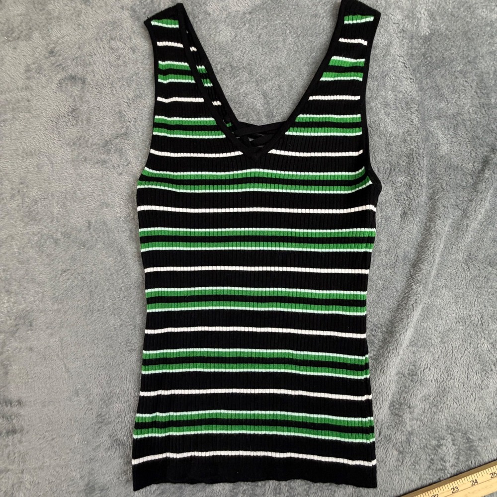 White House Black Market Womens Ribbed Lace Up Striped‎ Tank Top Black Green M - Picture 11 of 11